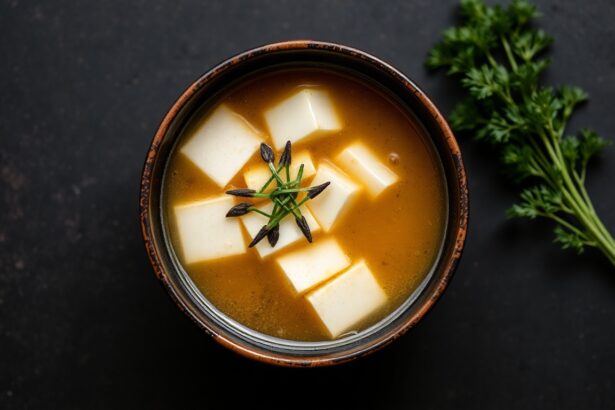 Wholesome miso soup with tofu and seaweed, a perfect vegetarian harmony.