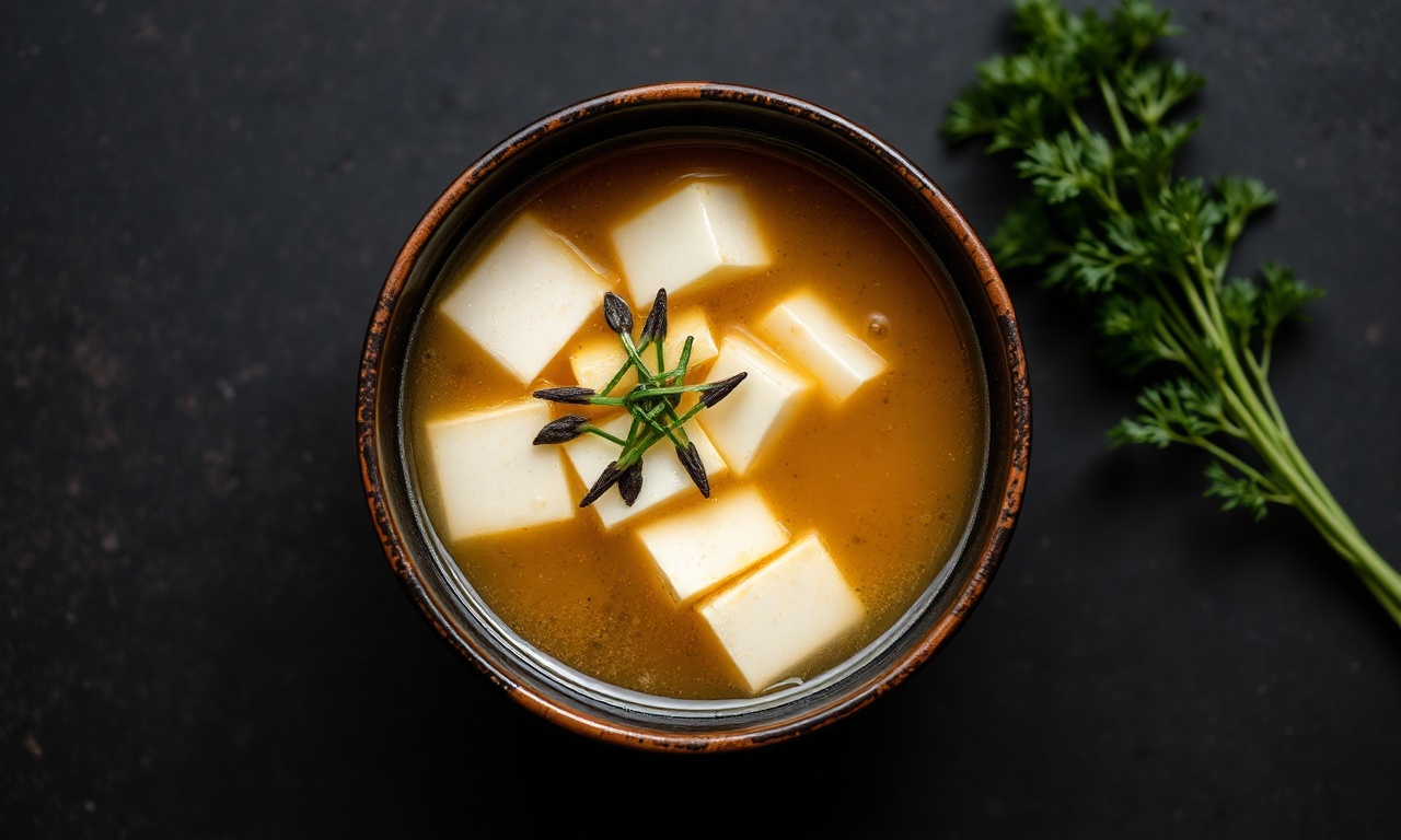Wholesome miso soup with tofu and seaweed, a perfect vegetarian harmony.