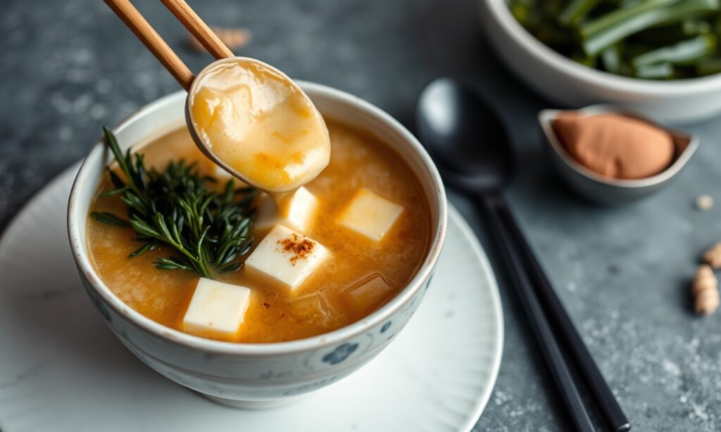 Wholesome miso soup with tofu and seaweed, a comforting ritual.