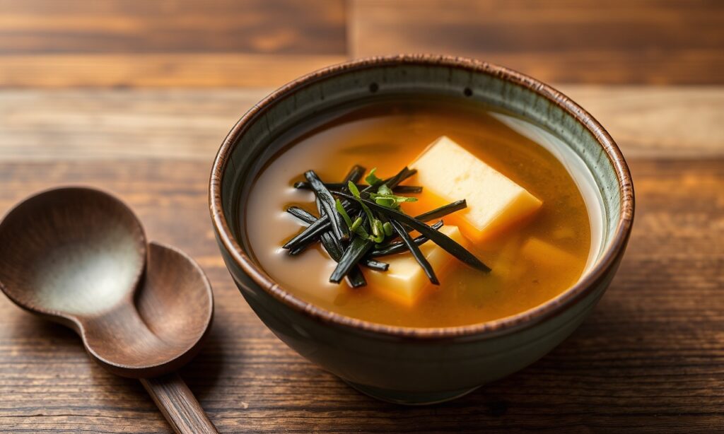 Wholesome miso soup with tofu and seaweed, a simple, nourishing comfort food.