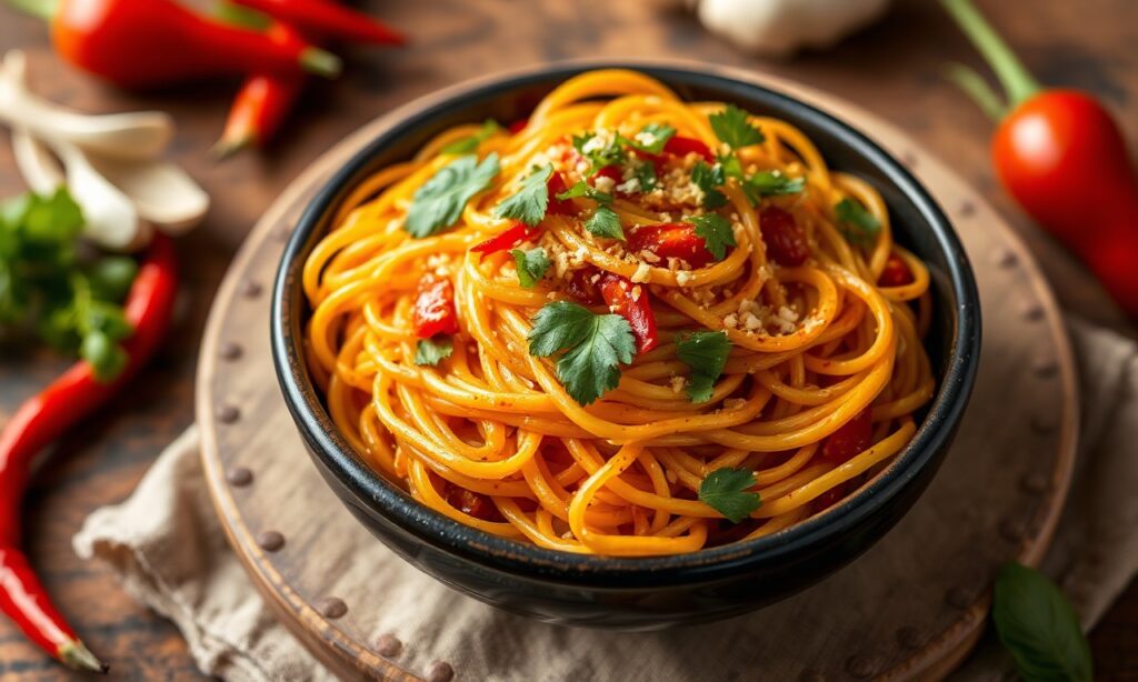 Spicy chili garlic noodles, a vibrant and savory dish.