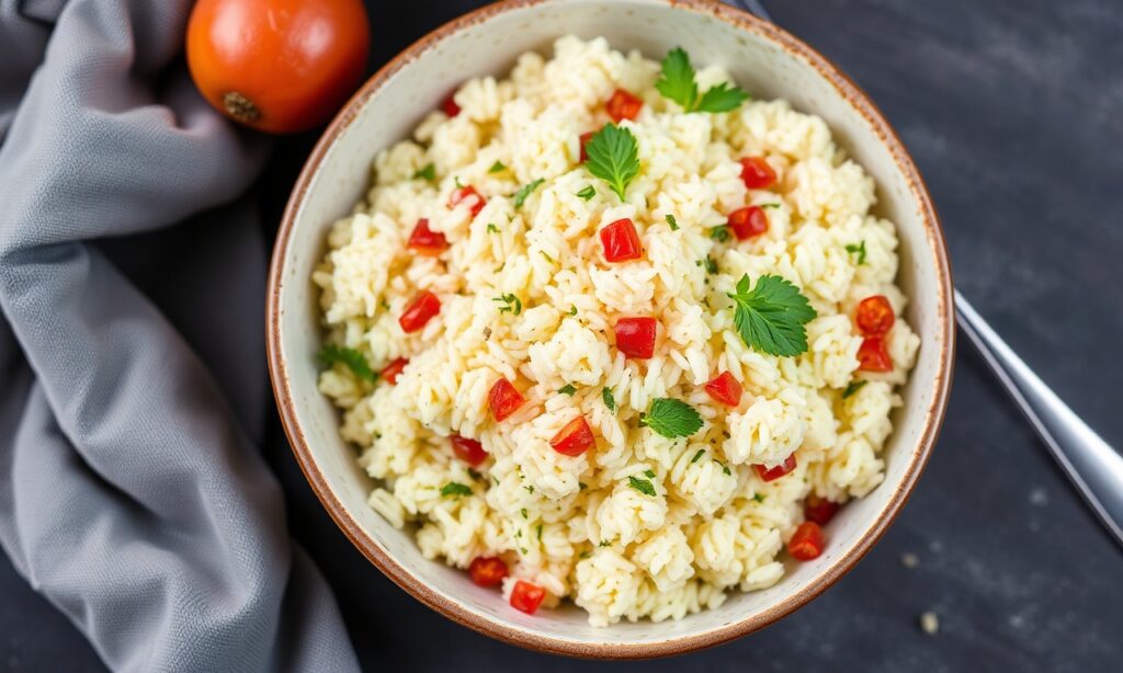 Mediterranean Cauliflower rice: flavorful low-carb meal.