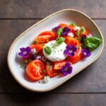 Elegant Tomato Burrata salad with fresh edible blooms.