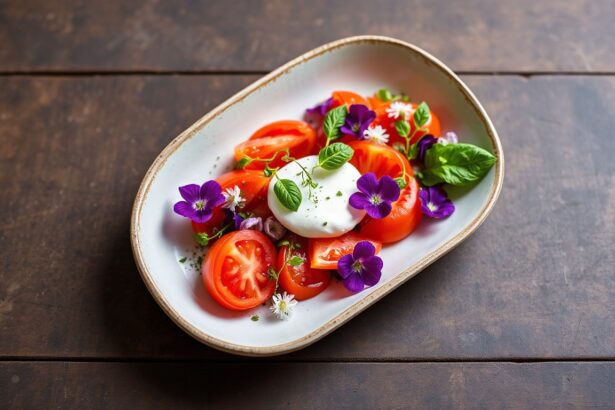 Elegant Tomato Burrata salad with fresh edible blooms.