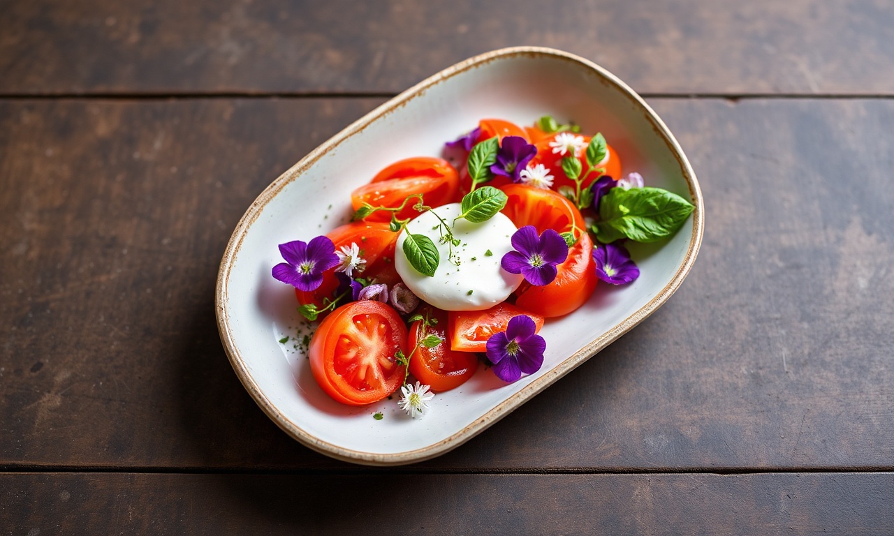 Elegant Tomato Burrata salad with fresh edible blooms.