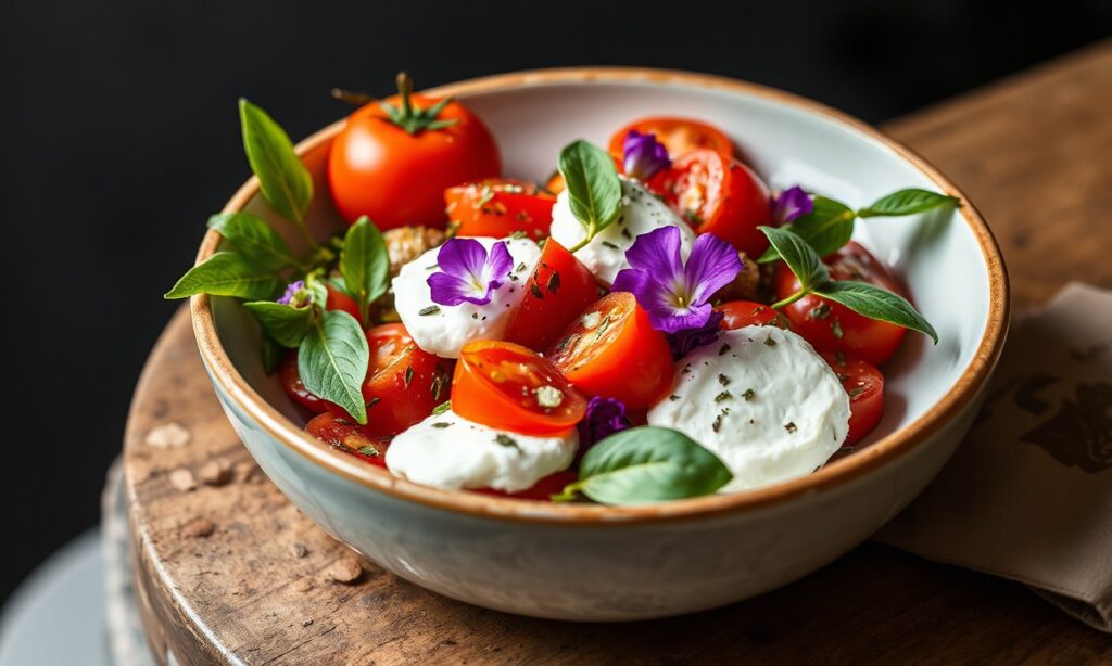 Elegant Tomato Burrata salad with vibrant edible blooms.
