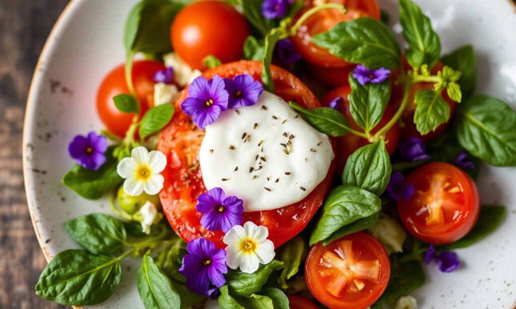 Vibrant tomato burrata salad with edible blooms.
