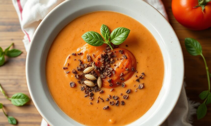 Perfect creamy tomato soup, silky and savory comfort.
