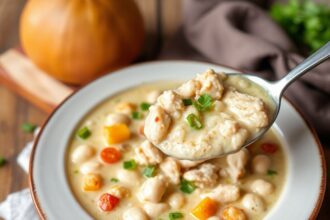 Wholesome white chicken chili bowl, a comforting and flavorful meal.