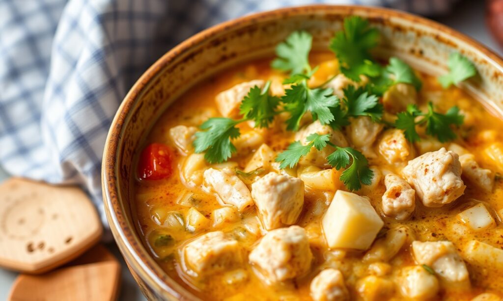 Wholesome white chicken chili, a comforting and flavorful bowl.