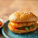 Bold spicy vada pav, Mumbai street food sandwich recreation.