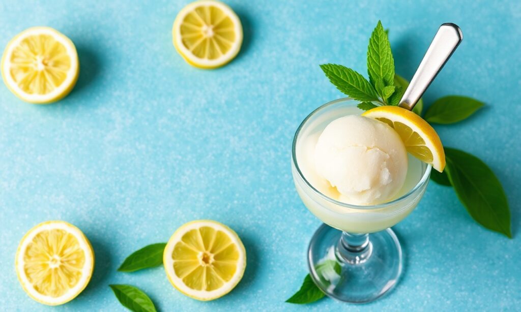 Zesty lemon sorbet refreshing summer treat.