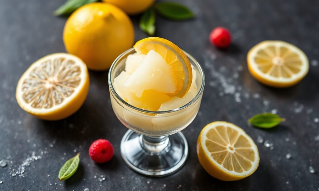 Zesty lemon sorbet refreshment for hot summer days.
