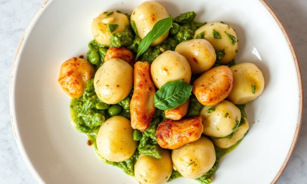 Savor pesto gnocchi with chicken: comforting, flavorful dish.