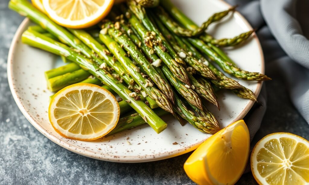 Asparagus bright with lemon, air fryer side dish perfection.