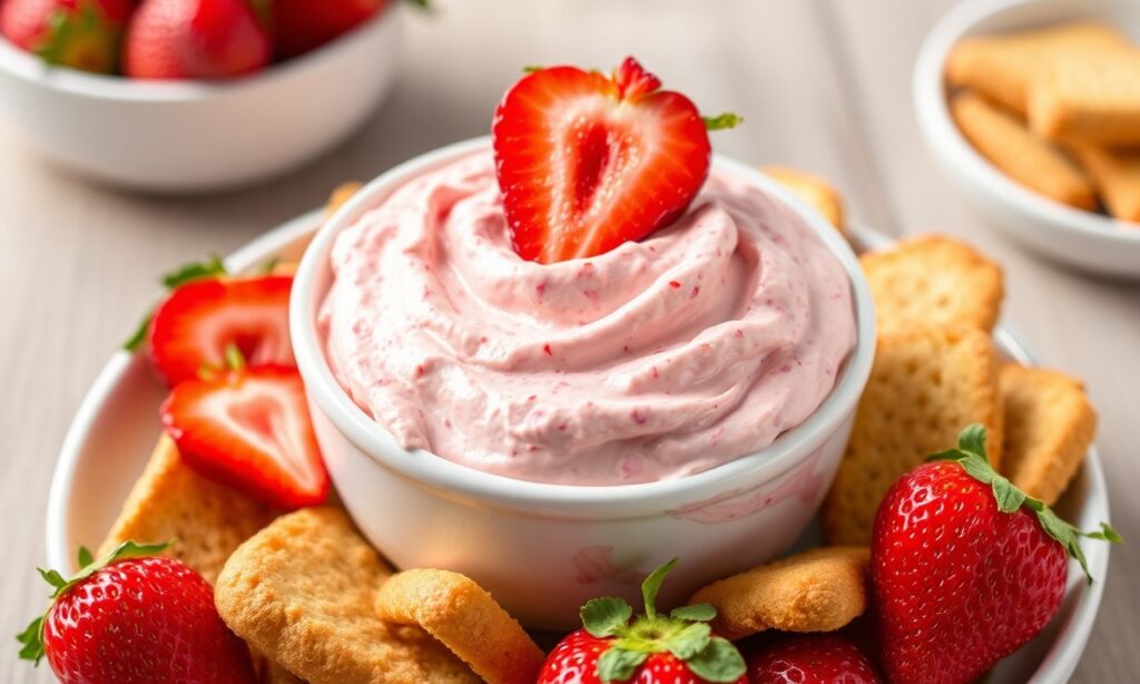 Irresistible strawberry cheesecake dip: creamy, sweet delight.