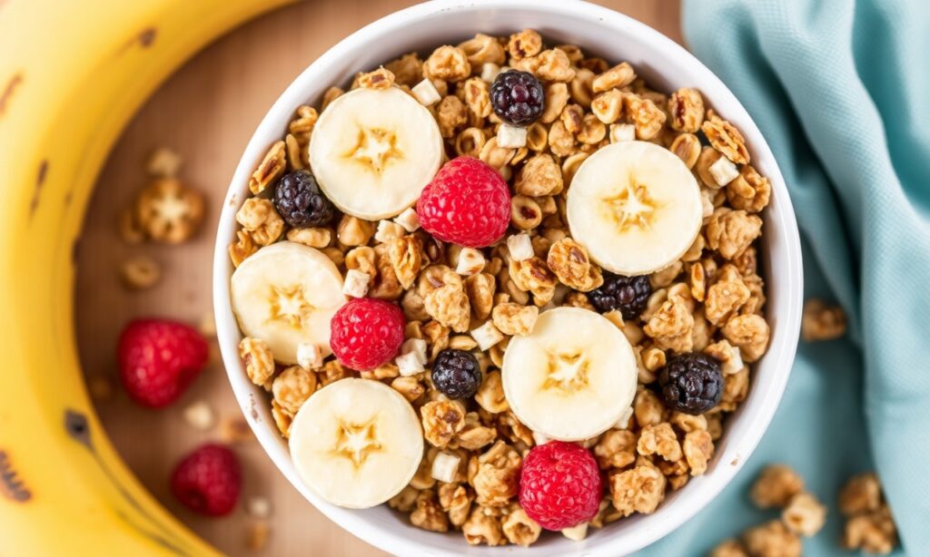Crunchy banana bread granola: a delicious comfort food recipe.