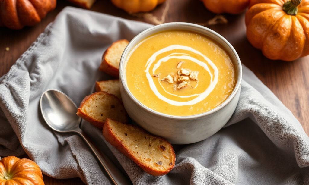 Velvety roasted sweet potato soup, cozy autumn delight.