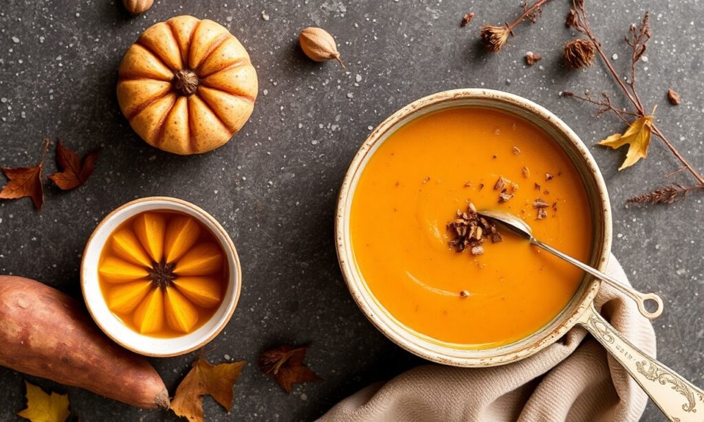 Velvety roasted sweet potato soup, a cozy autumn delight.