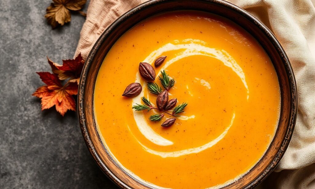 Velvety roasted sweet potato soup, a cozy autumn delight.