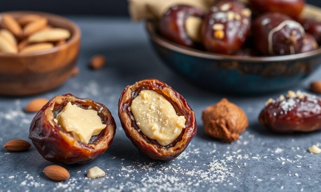 Delight almond butter-stuffed dates: sweet, nutty, satisfying treat.