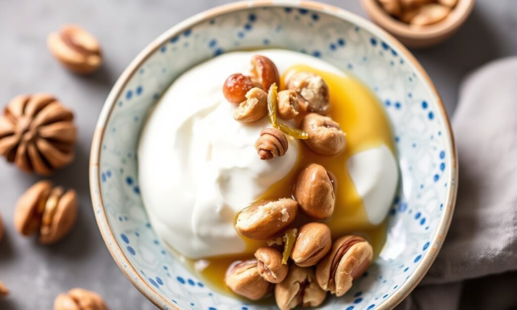 Perfect Trio: Greek yogurt, honey, and walnuts a delightful combination.