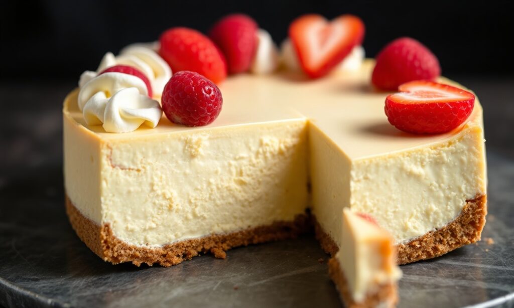 Decadent gluten-free cheesecake slice, perfectly rich and creamy.