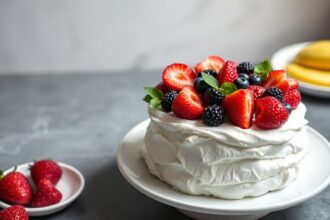 Summer berry pavlova: light, sweet slice of sunshine dessert.
