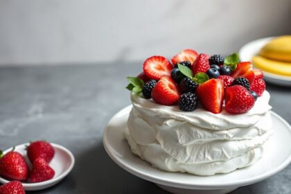 Summer berry pavlova: light, sweet slice of sunshine dessert.