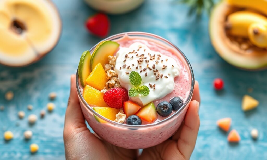 Piña Colada smoothie bowl: Tropical bliss in a vibrant, sun-soaked dish.