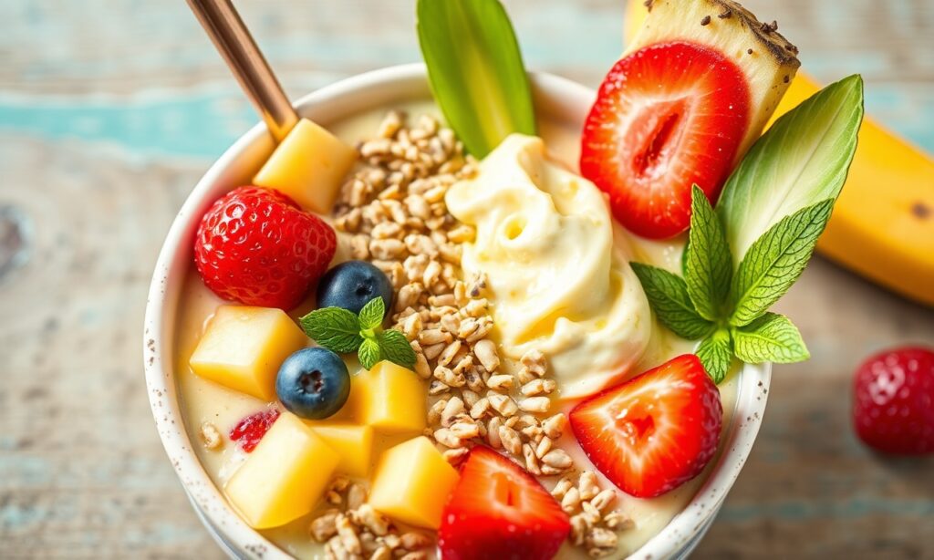 Piña Colada smoothie bowl: Tropical bliss in a vibrant, sun-soaked dish.