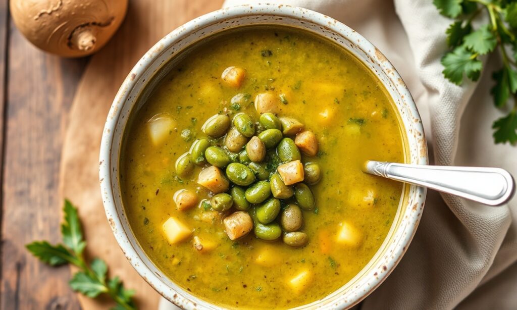Nourishing green bean and potato soup, a classic comfort food.