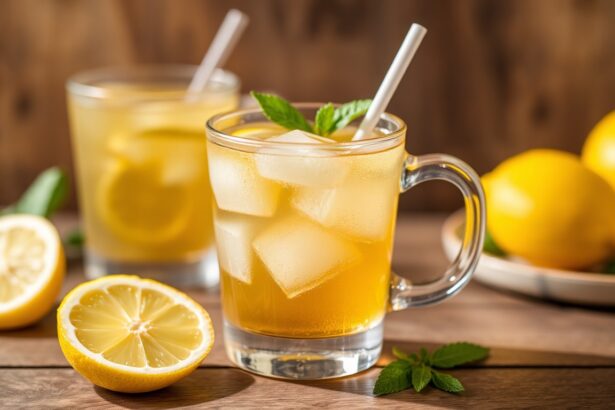 Zesty lemon vanilla iced tea, refreshing summer sip.
