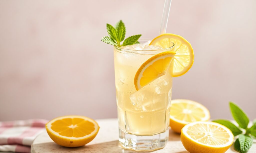 Zesty lemon vanilla iced tea, refreshing summer sip.