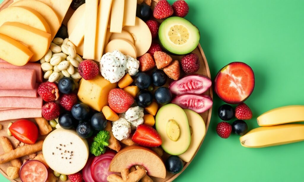 Delicious low-calorie snack board, colorful, guilt-free munching.