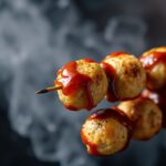 Savor zing: Delicious fish ball skewers with sweet chili sauce.