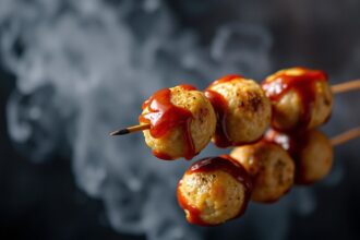Savor zing: Delicious fish ball skewers with sweet chili sauce.