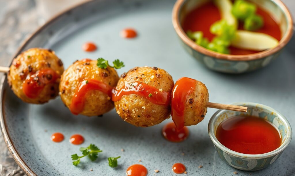 Savor zing: Delicious fish ball skewers with sweet chili sauce.