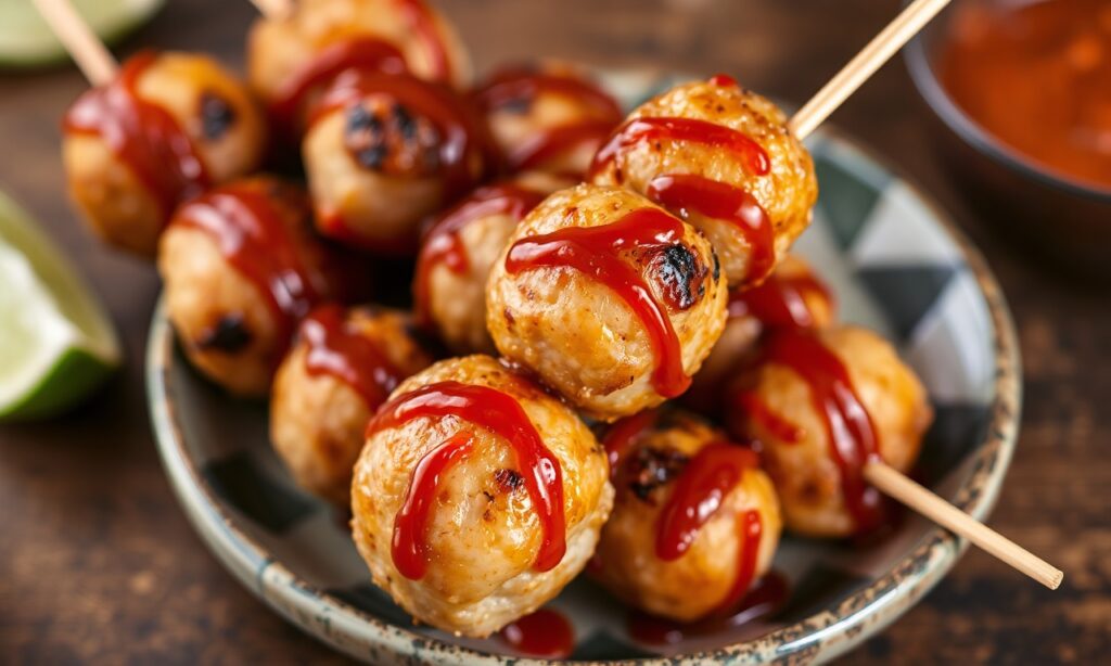 Savor Zing: Fish ball skewers with sweet chili sauce, bursting with flavor.