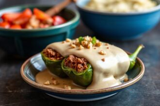 Chiles en Nogada with savory beef filling, a classic Mexican dish.