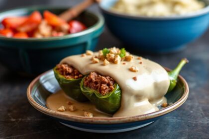 Chiles en Nogada with savory beef filling, a classic Mexican dish.