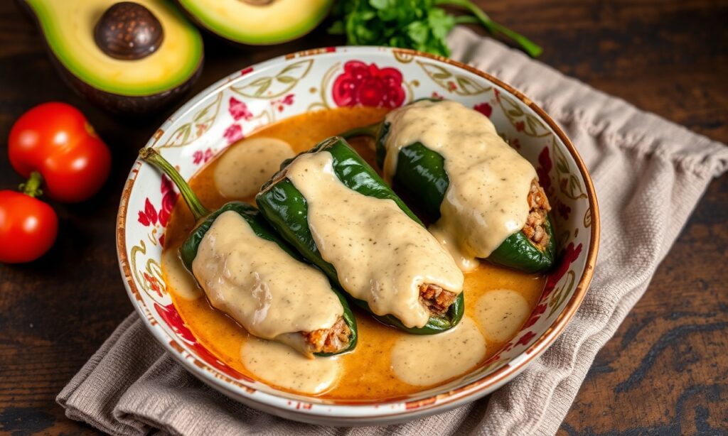 Vibrant Chiles en Nogada with beef, a classic Mexican dish.