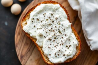Creamy ricotta toast delight on crunchy bread.
