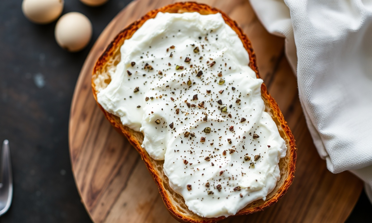 Creamy ricotta toast delight on crunchy bread.