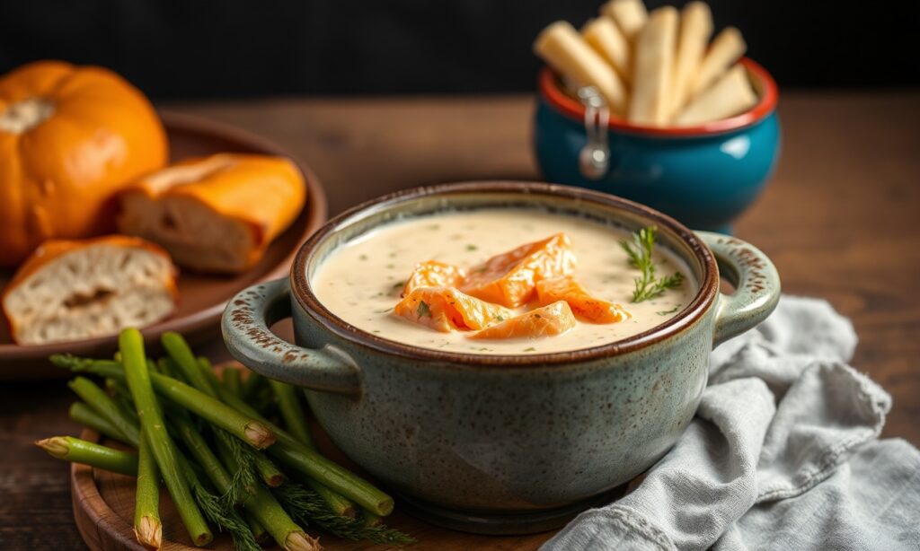 Creamy salmon chowder, a delicious bowl of coastal comfort.