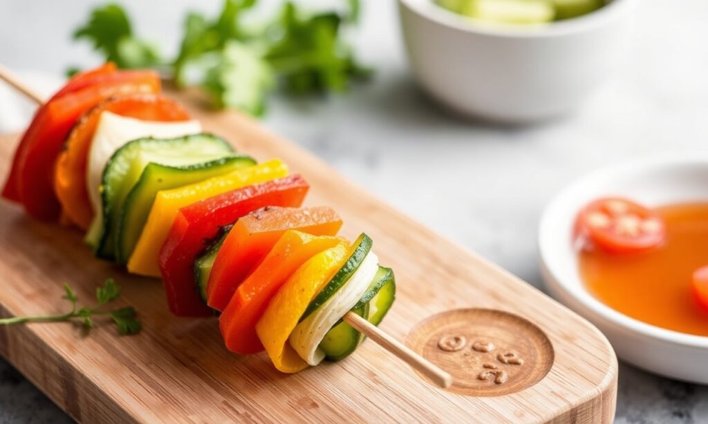 Colorful vegetarian charcuterie skewers: vibrant veggie and savory bites.