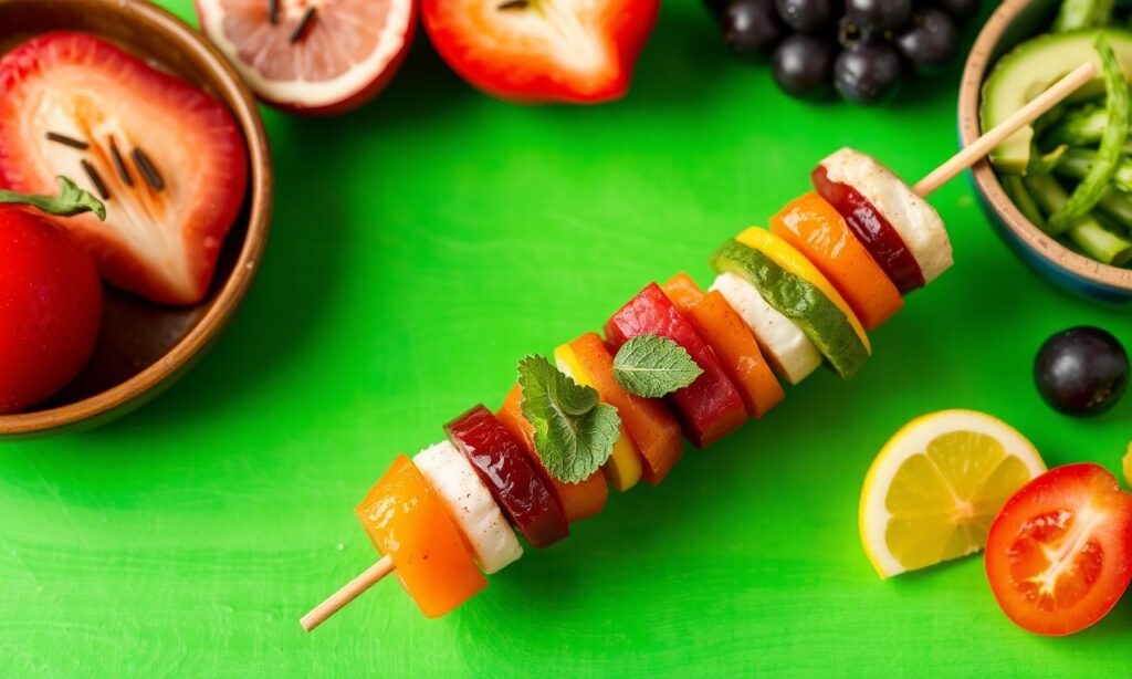 Colorful vegetarian charcuterie skewers bursting with fresh flavors.