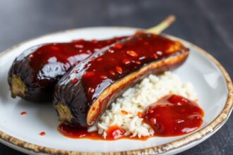 Spicy sweet gochujang glazed eggplant, a delightful dish.