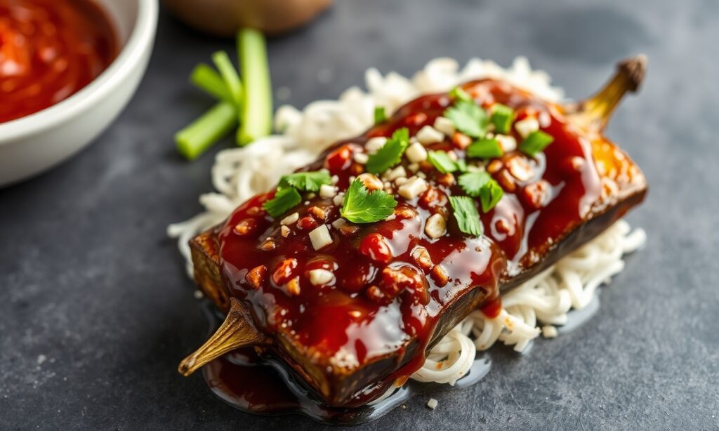 Spicy sweet gochujang glazed eggplant delight.