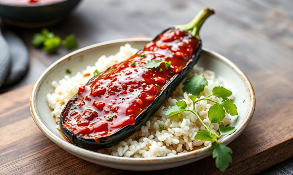 Spicy sweet gochujang glazed eggplant, a flavorful delight.